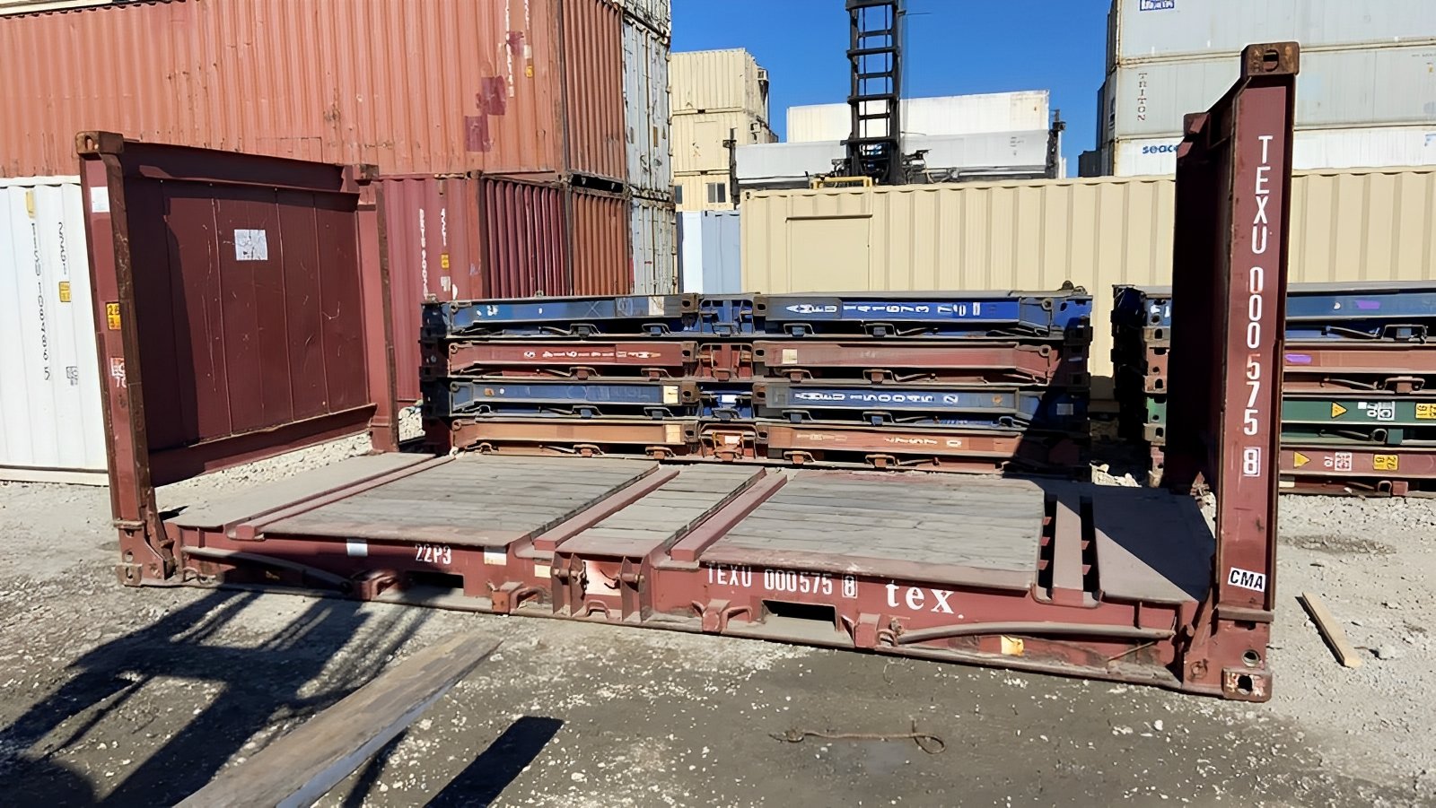 20ft x 8ft Used Flat Rack Shipping Container – CSC Plated Heavy-Duty Steel Container